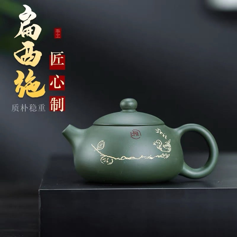 Yixing teapot, green mud, beauty, gold, birds and bamboo