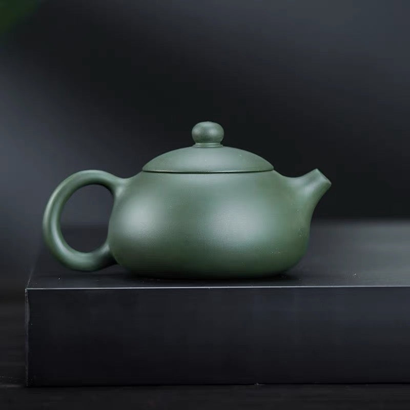 Yixing teapot, green mud, beauty, gold, birds and bamboo