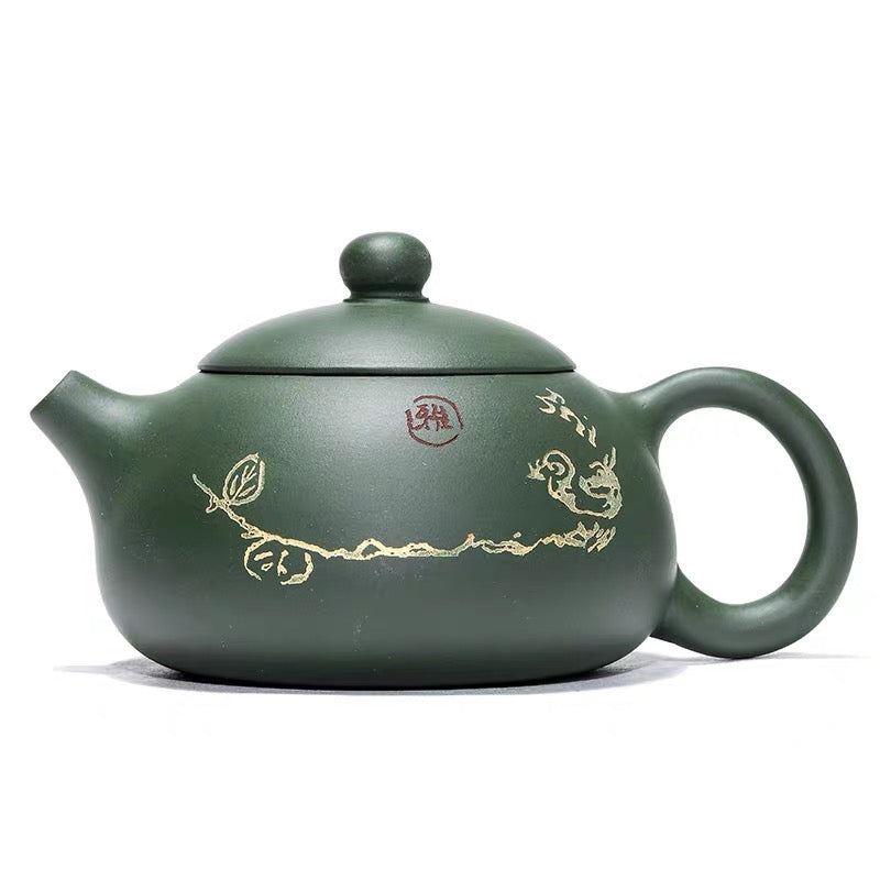Yixing teapot, green mud, beauty, gold, birds and bamboo