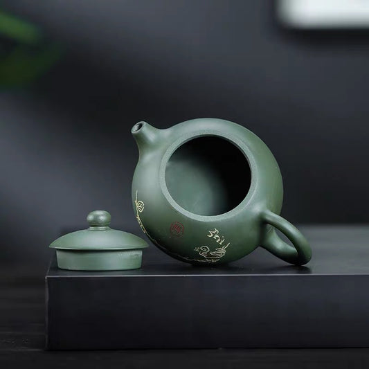 Yixing teapot, green mud, beauty, gold, birds and bamboo
