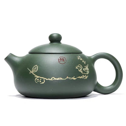 Yixing teapot, green mud, beauty, gold, birds and bamboo
